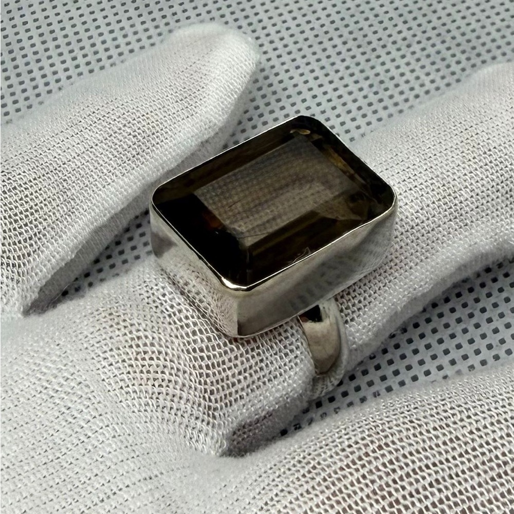Silver-Tone Statement Ring with Large Amber Brown Faceted Stone